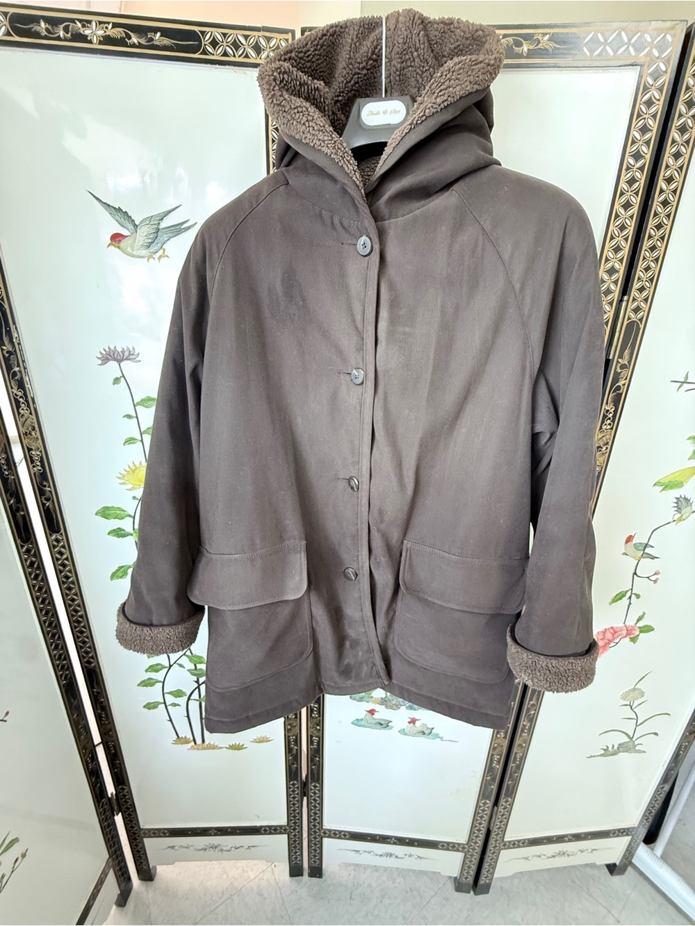 Talbots COZY Hooded Faux Suede Jacket with Sherpa Lining Brown Size M STYLISH